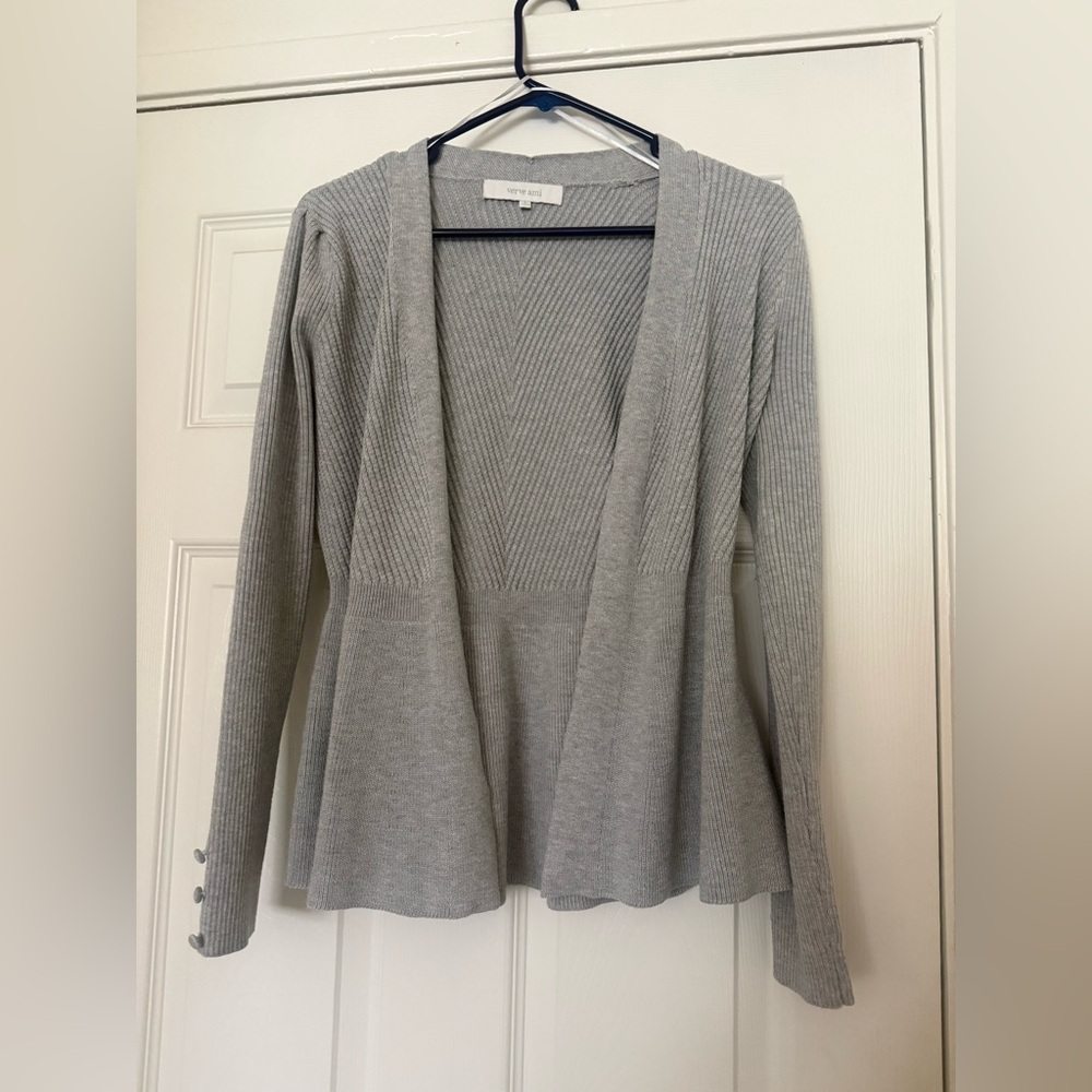 Gray Ribbed Open Cardigan Sweater